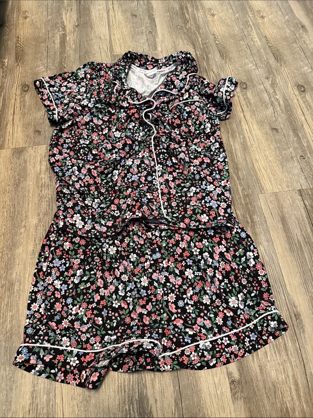 Floral Short Pajama Set - Black with Pink & Blue Flowers